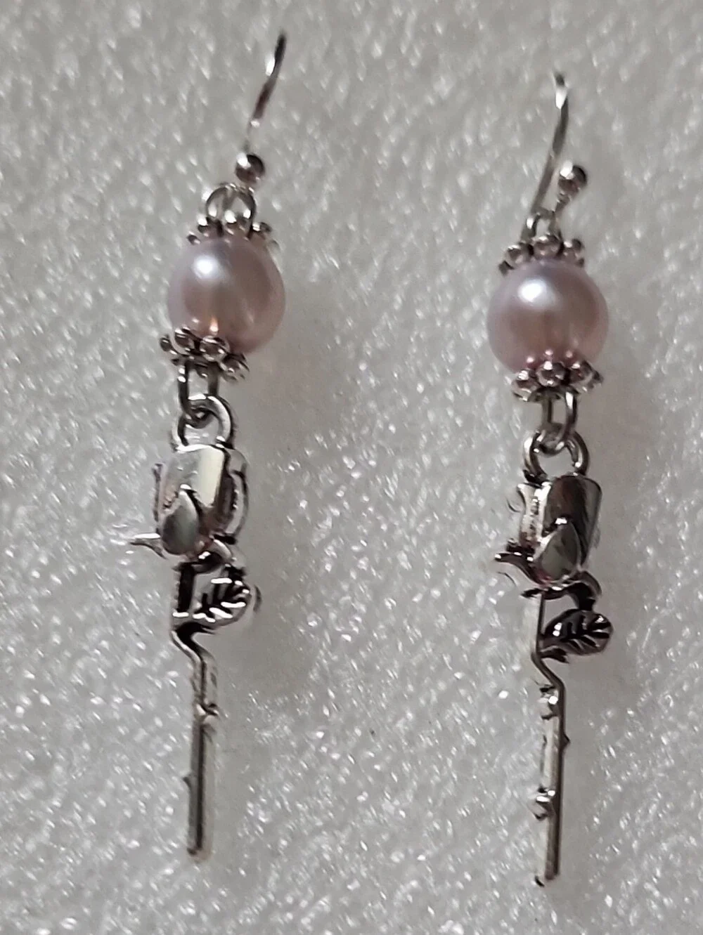 Hand Crafted Silver Rose Drop Earrings with Pale Pink Pearls